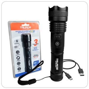 LINTERNA TAUROS LED ALUMINIO ZOOM RECARGABLE 400 LUMENES 3.7 V 200 METROS ALCANCE